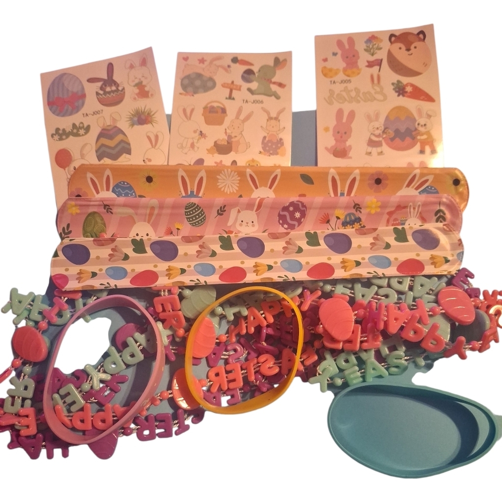 Easter Bunny Temp Tattoos, Bracelet  & Necklace Kit - Pastel Pink, Purple, Blue
